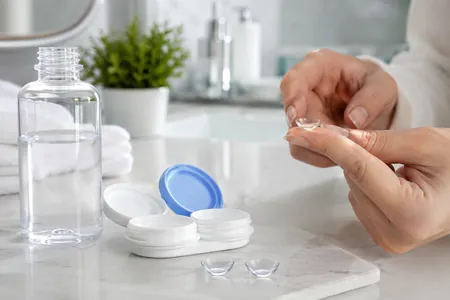 Banyo tezgâhında lens solüsyonu, lens kabı ve elde tutulan kontakt lens